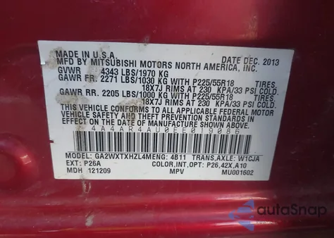 2014 Mitsubishi Outlander Sport Se from USA, damaged, VIN 4A4AR4AU0EE019086